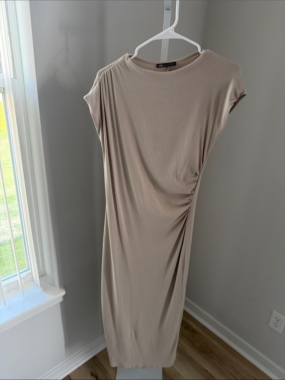 Zara Taupe Side-Ruched Midi Dress